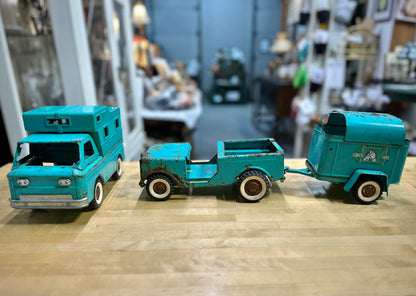 1960’s Structo Toy Camper Truck and Toy Jeep with Horse Trailer
