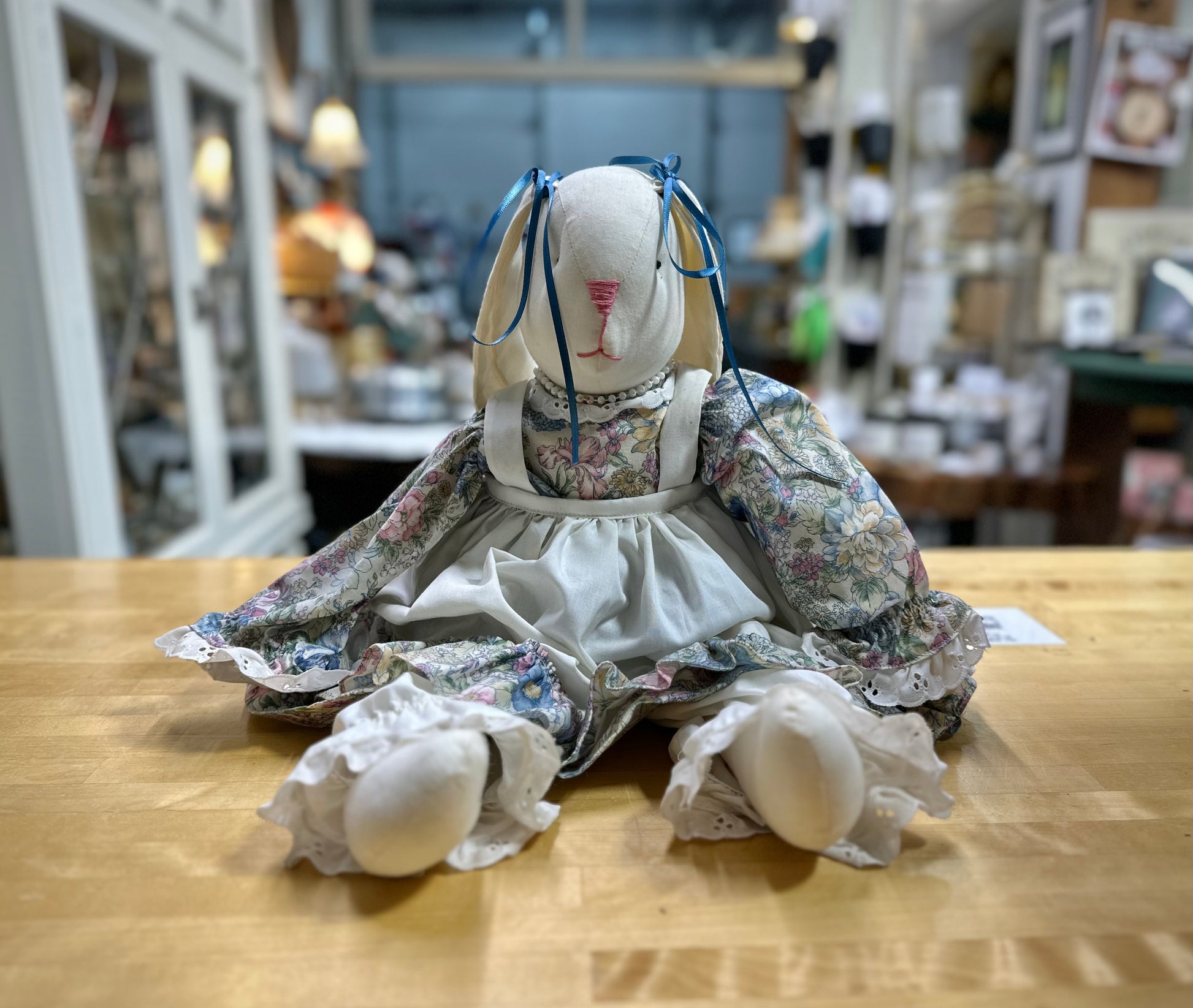 Handmade Blue Bow Rabbit vintage stuffed toy