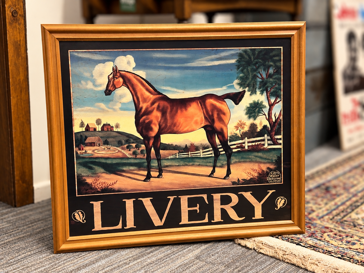 Vintage-style LIVERY horse artwork in a golden-brown wooden frame with a dark decorative border