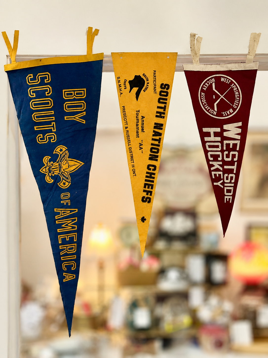 Vintage felt pennants hanging with Boy Scouts and hockey memorabilia designs