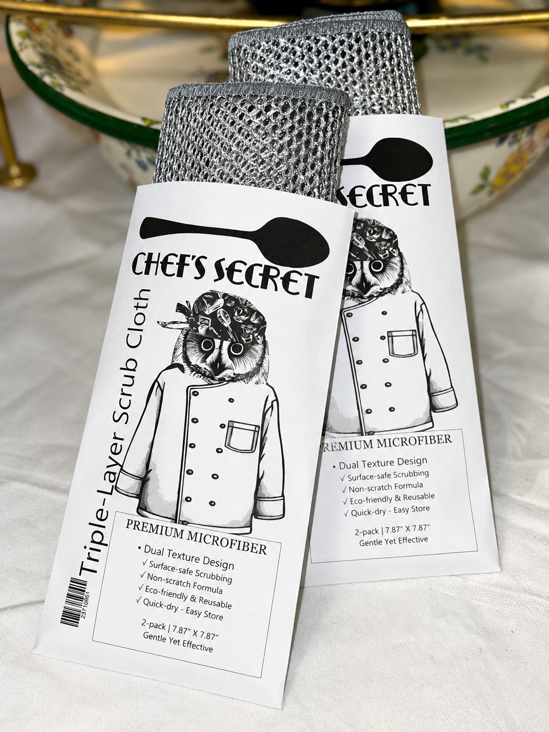 Two gray scrub cloths with 'Chef's Secret' packaging