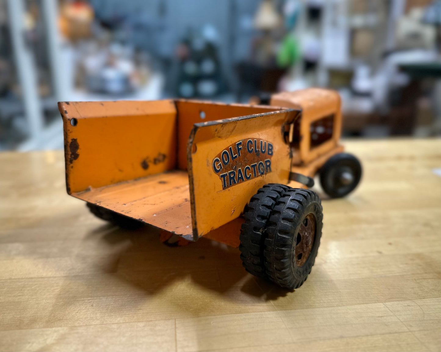 Close-up of 1960s Tonka Golf Club Tractor toy vintage steel construction