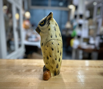 Side view of Paper Mache Horned Owl Figurine – vintage handcrafted owl decor