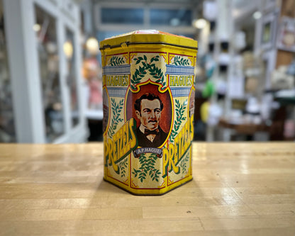 Side view of 1980’s Hague’s Pretzel vintage tin