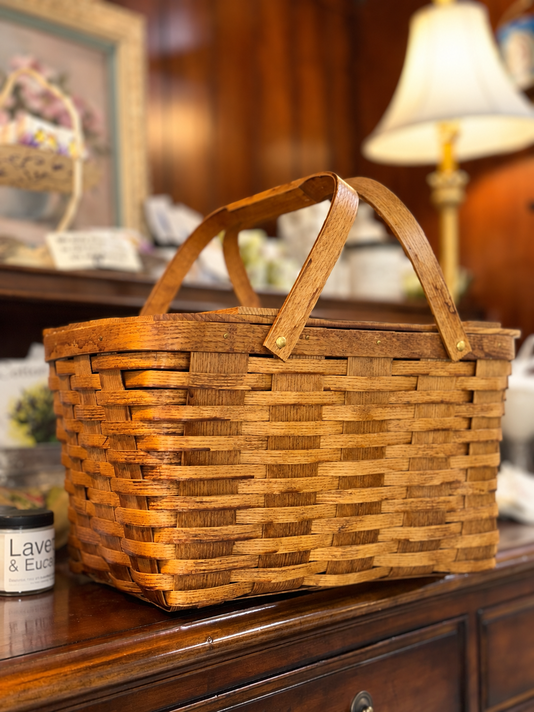Vintage woven wood picnic basket with handles
