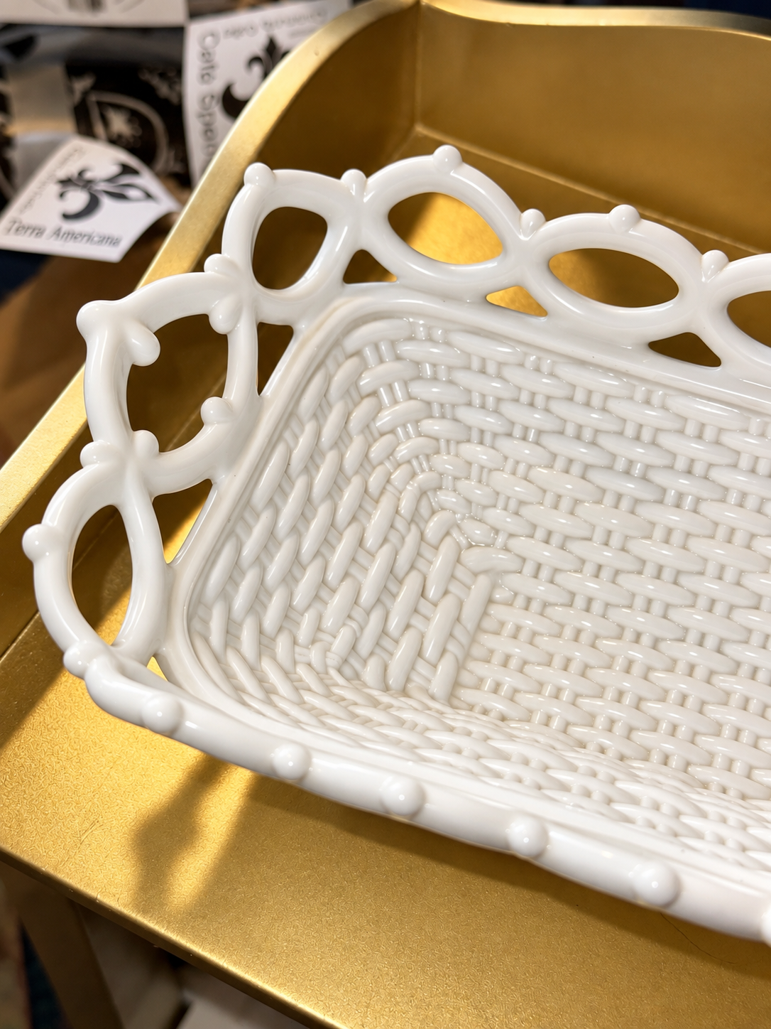 White vintage glass tray close up