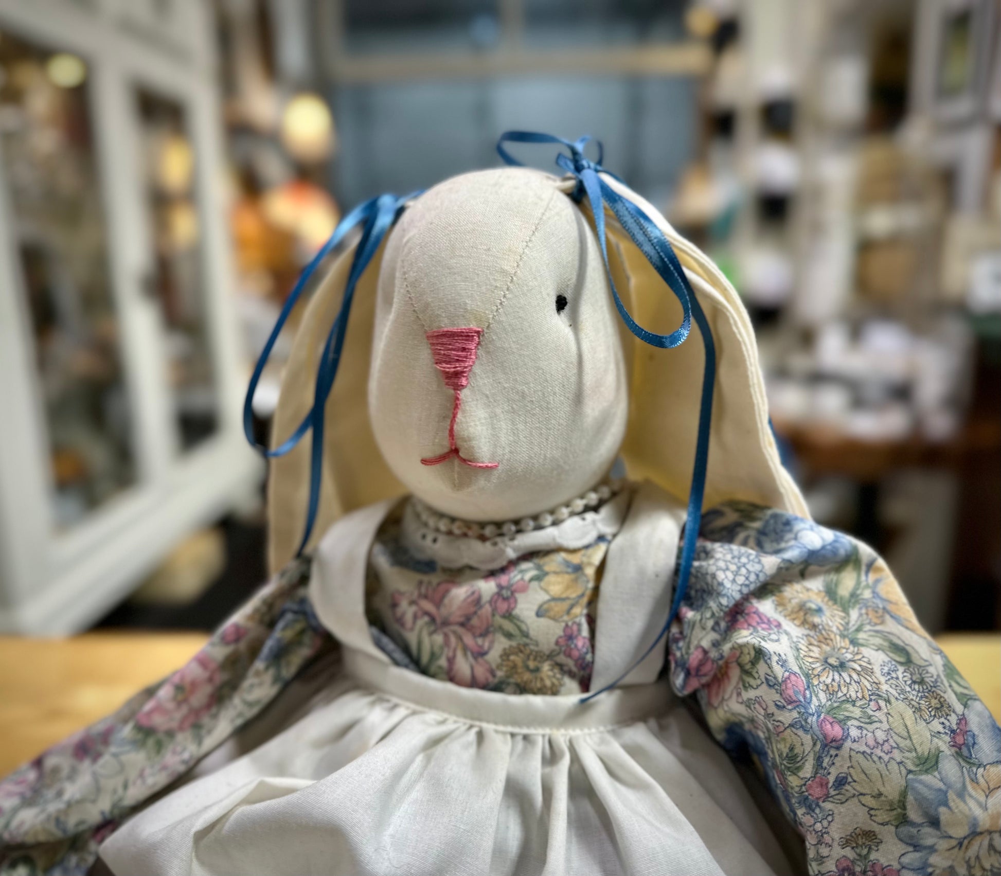 Handmade Blue Bow Rabbit vintage stuffed toy