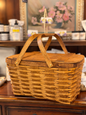 Vintage woven wood picnic basket with hinged lid and folding handles