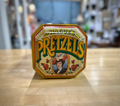View of lid for 1980’s Hague’s Pretzel vintage tin