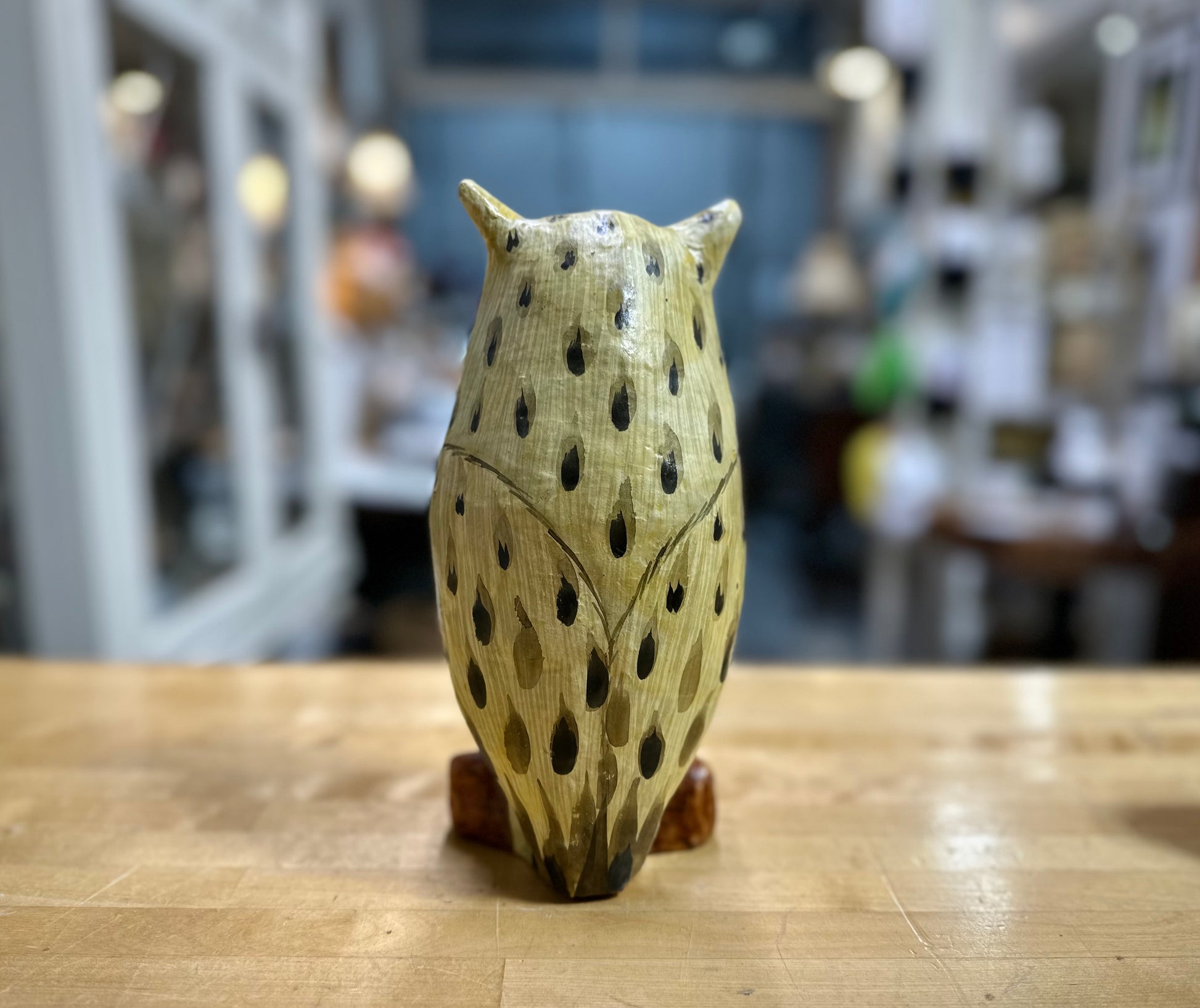 Back view Paper Mache Horned Owl Figurine – vintage handcrafted owl decor