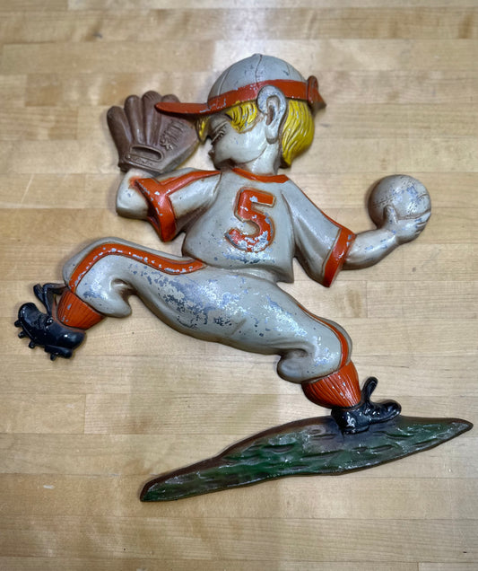 Sexton vintage 1970s cast metal baseball pitcher wall plaque