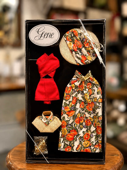 Gene doll floral dress with red accessories