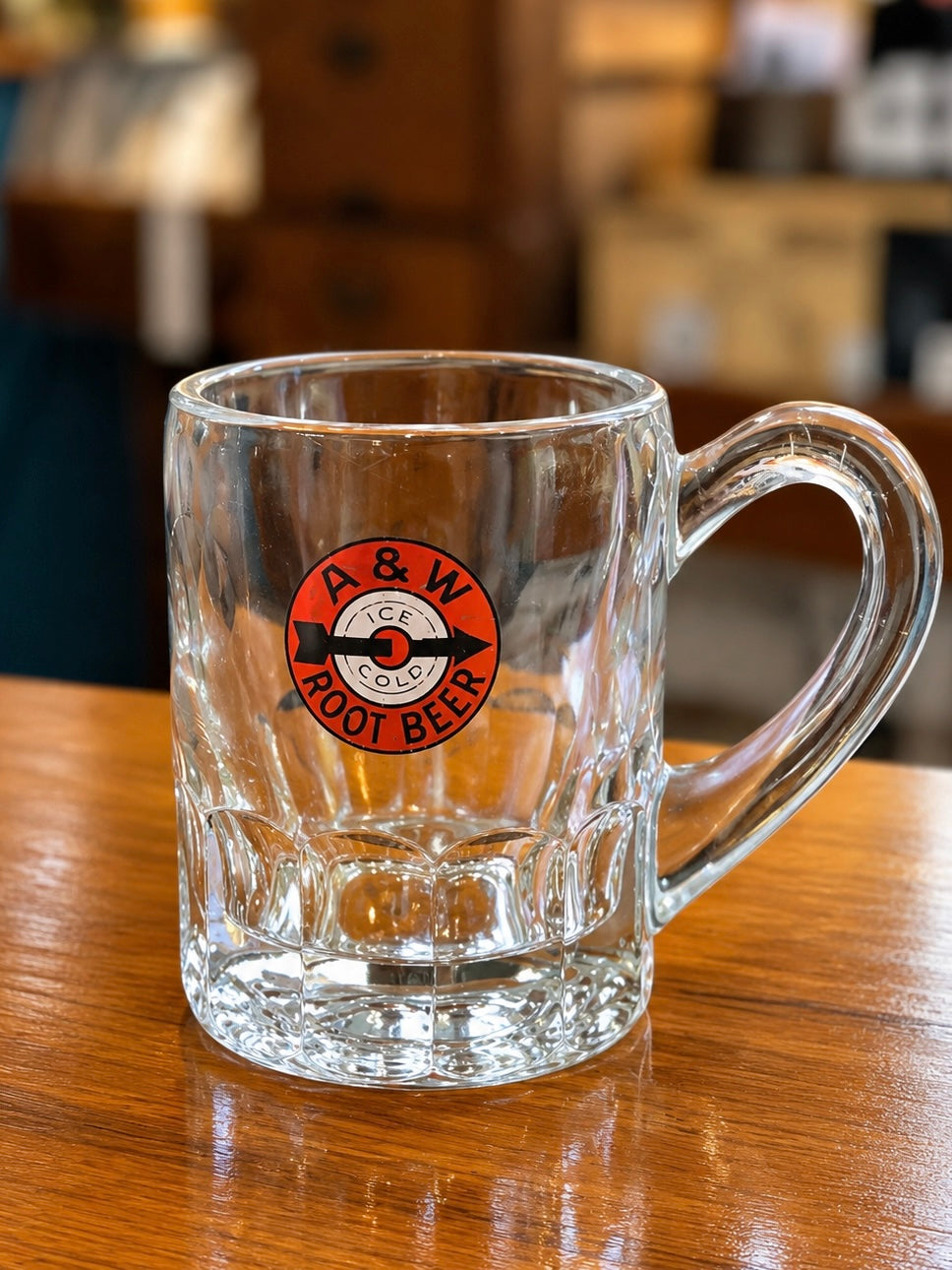 Clear glass A&W mugs with vintage branding
