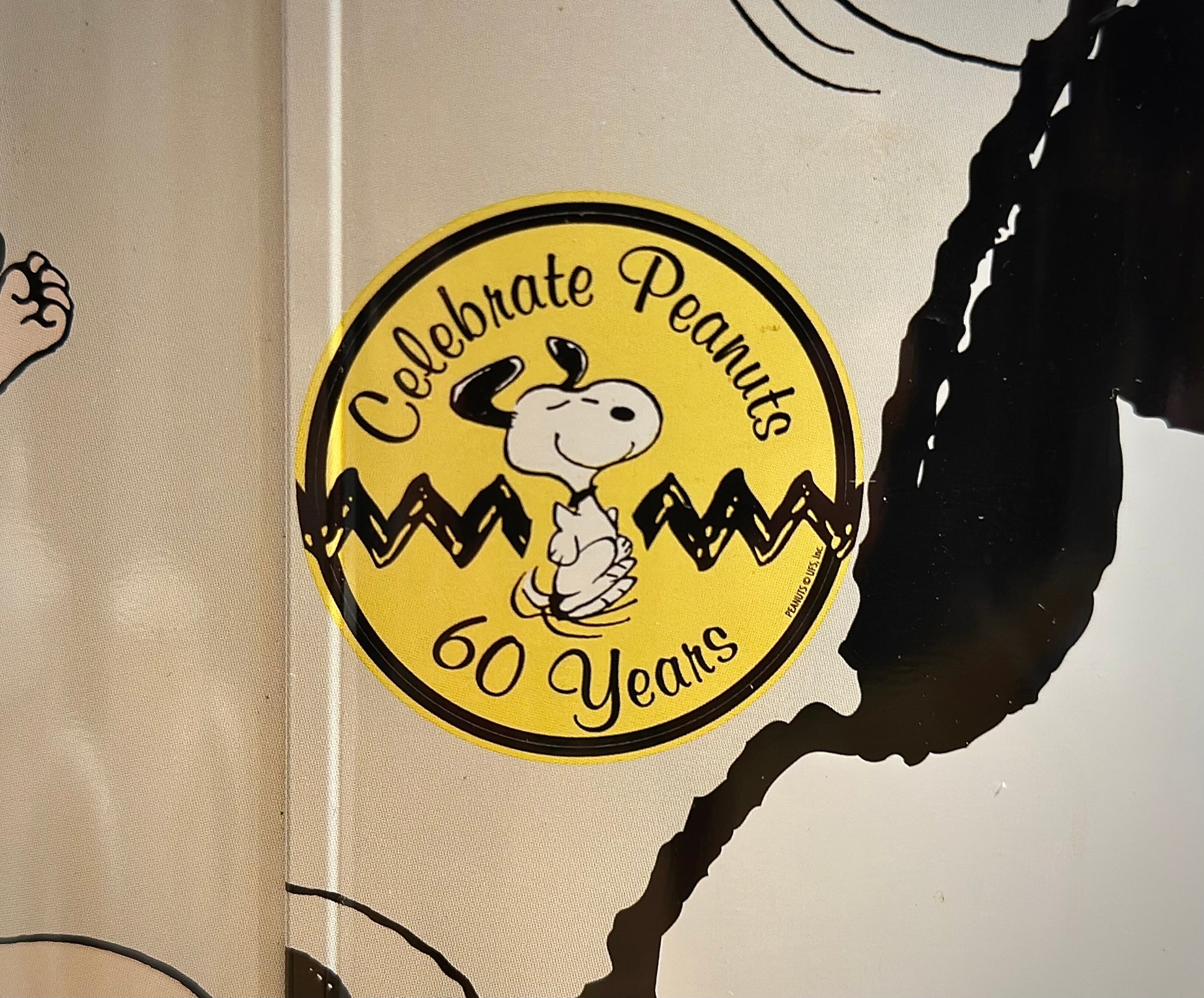 Close up view of 2009 60th Anniversary Peanuts Popcorn Tin showing anniversary logo
