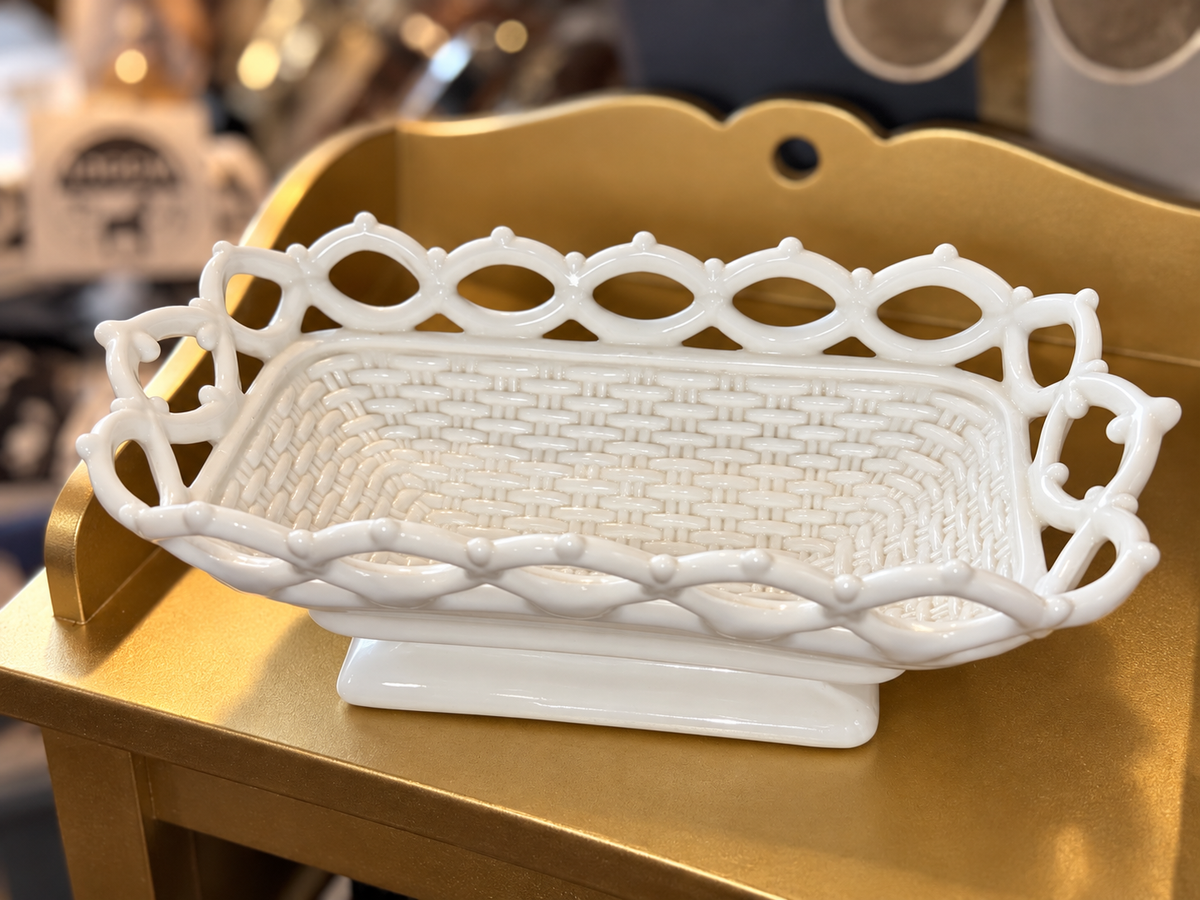 White vintage milk glass rectangular tray with ornate edge