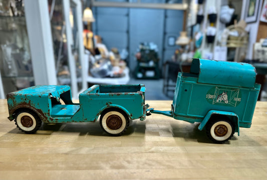 1960’s Structo Toy Camper Truck and Toy Jeep with Horse Trailer