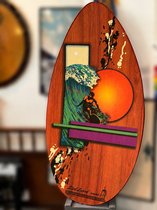 Retro surf skimboard wall art with sunset and surfer