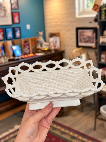 Vintage rectangular milk glass tray with raised lace border