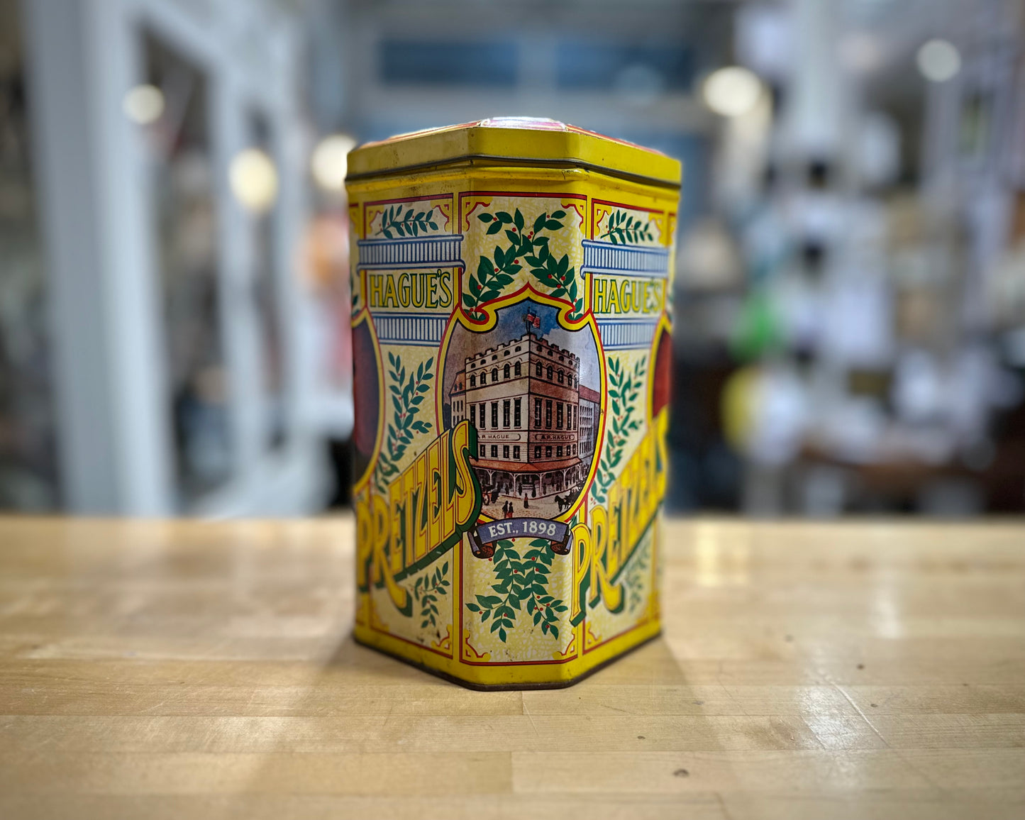 Side view of 1980’s Hague’s Pretzel vintage tin