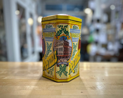 Side view of 1980’s Hague’s Pretzel vintage tin