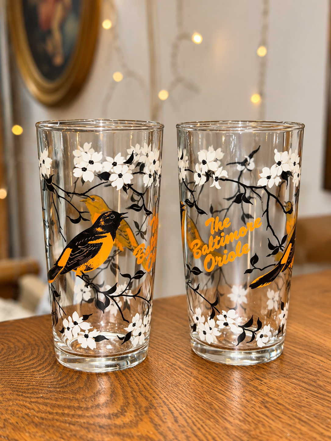 Vintage Baltimore Oriole illustrated drinking glasses set of two