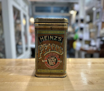 Side view of 1960’s vintage Heinz Pearls tin with classic branding
