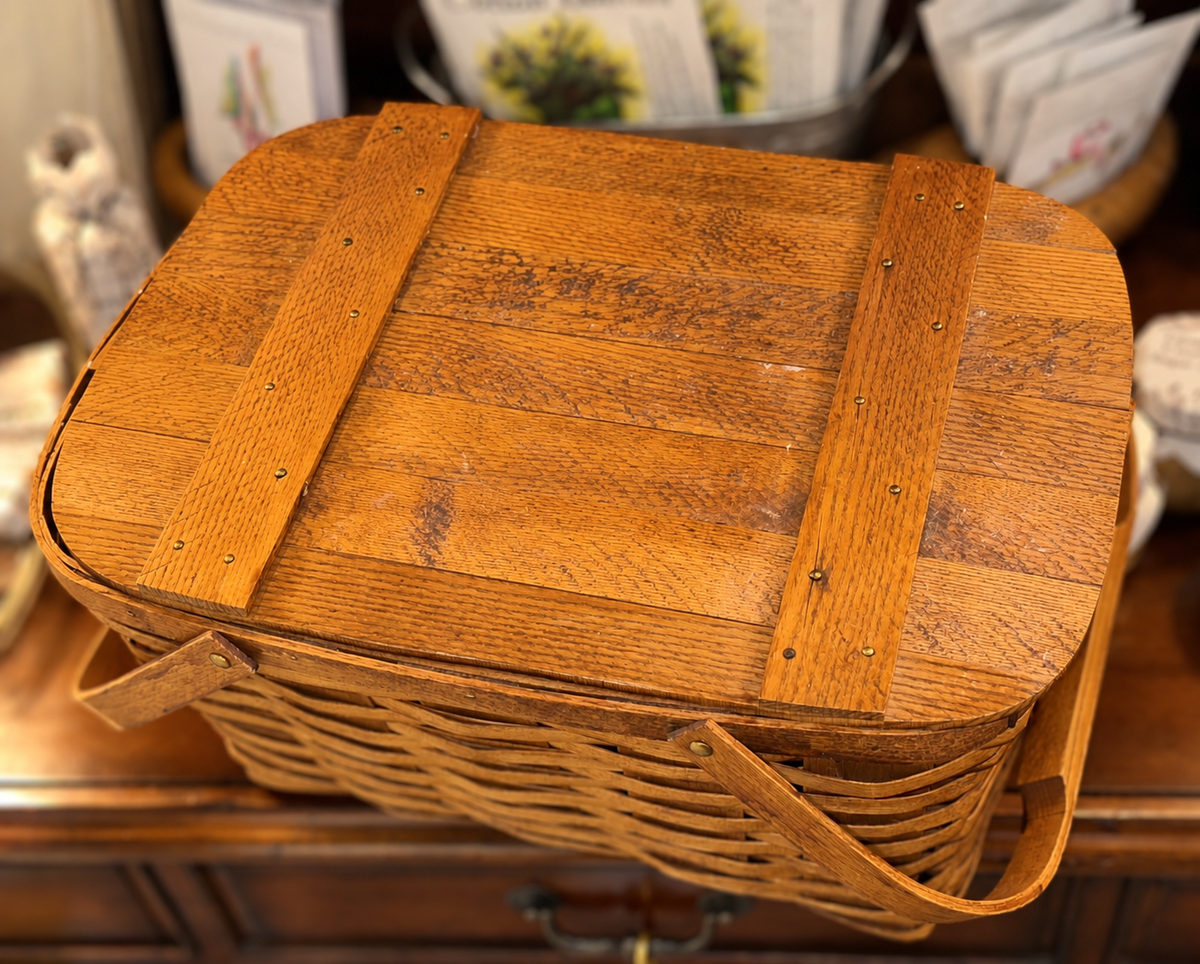Vintage woven wood picnic basket 