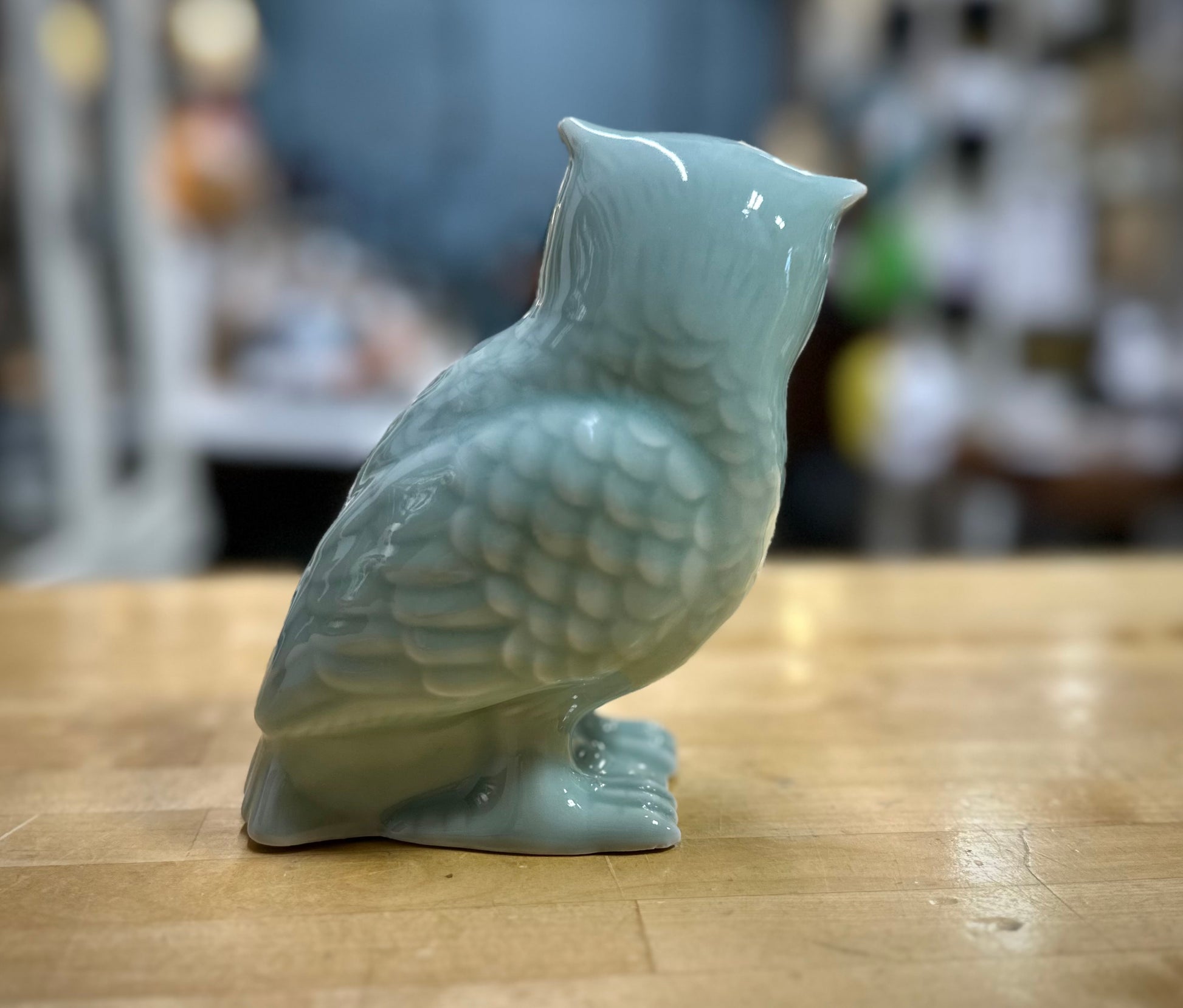 Side View of Ceramic Teal Owl Figurine – colorful vintage decorative owl