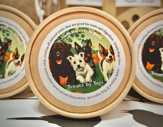 Treats by Tori natural dog treats in kraft tubs with illustrated dog labels