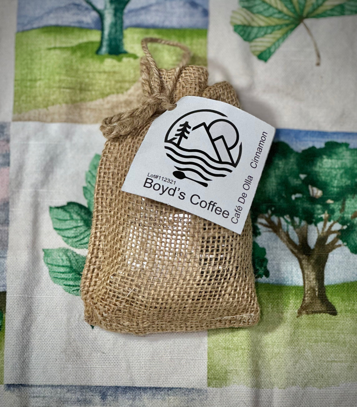 Boyd’s Café de Olla cinnamon coffee in a natural burlap bag