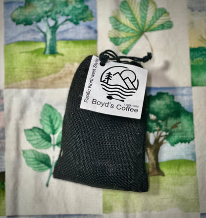 Boyd’s Pacific Northwest Style coffee in a black drawstring bag
