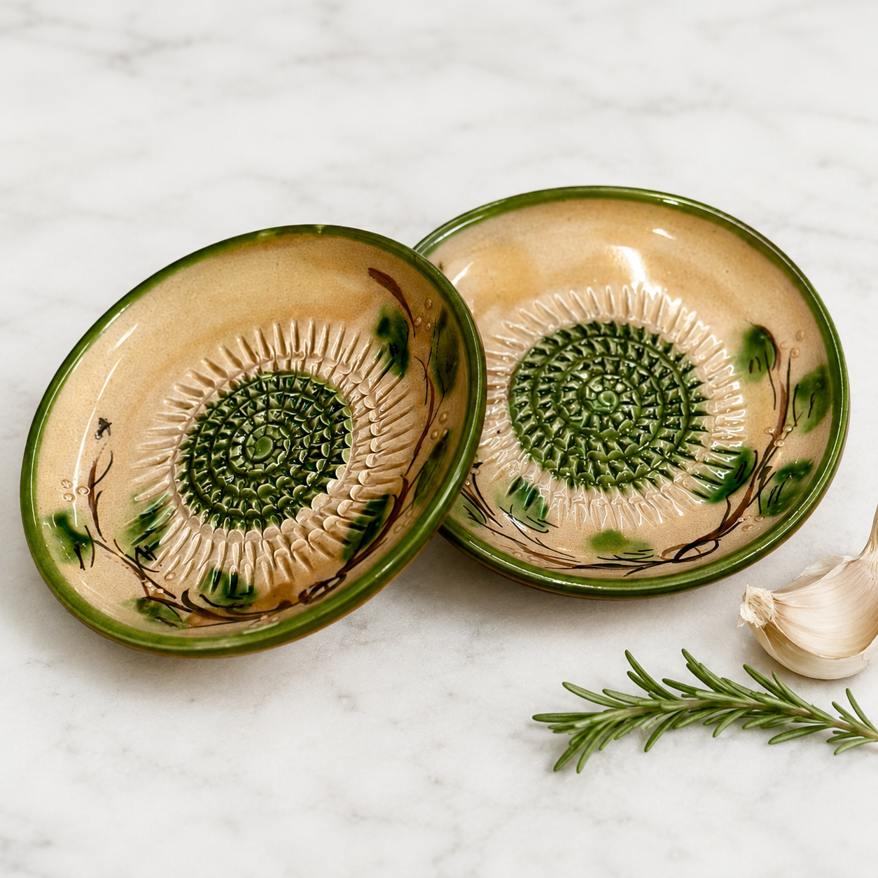 Vintage Spanish garlic grater dishes set of 2 with hand-painted olive branch design and textured ceramic grating surface