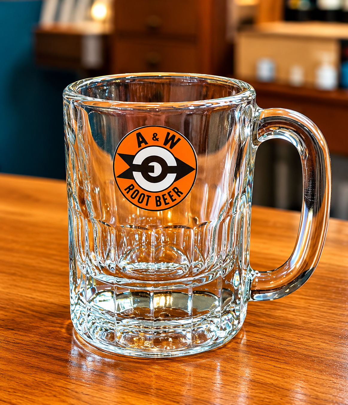 Retro A&W restaurant glass mugs with original logos
