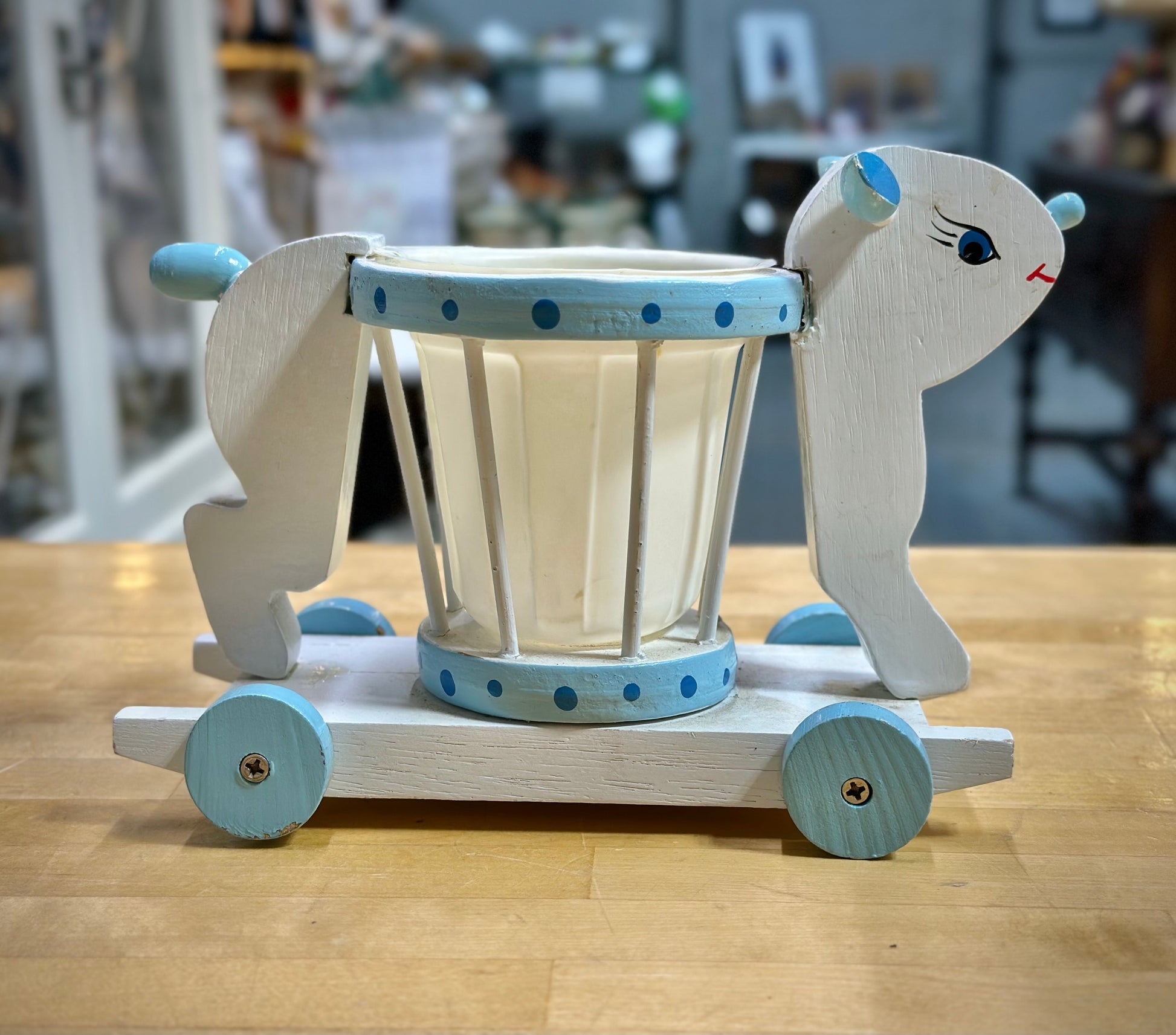 Vintage sheep pull toy nursery planter