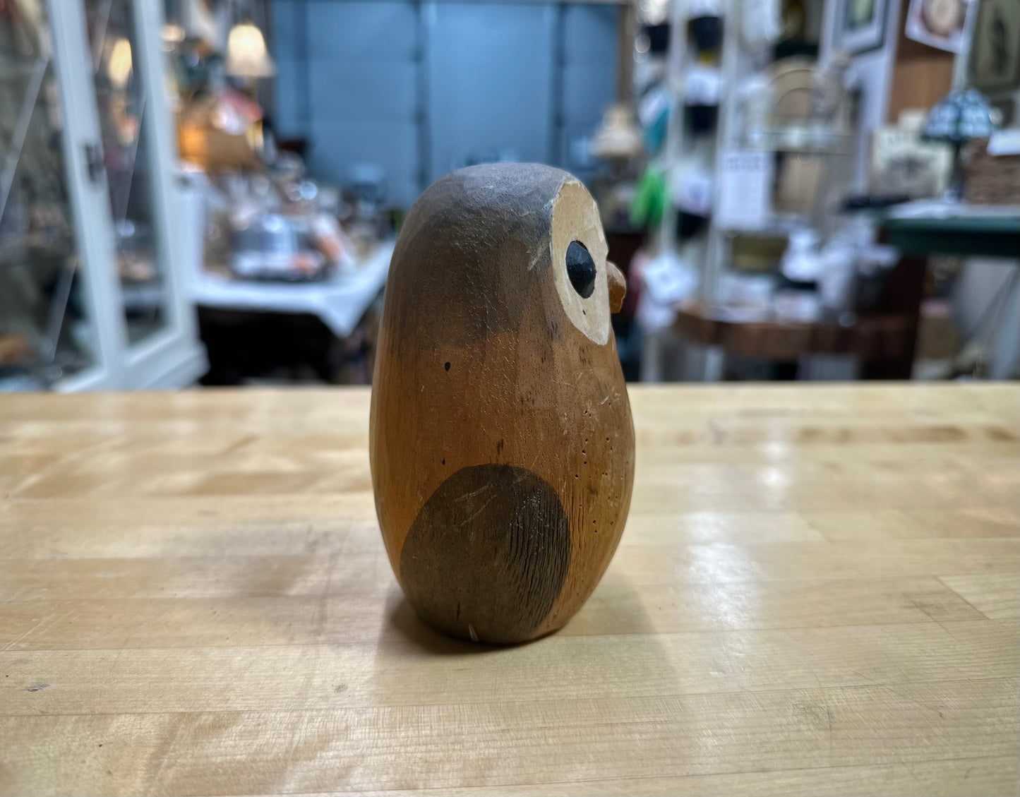 Side View Of Vintage Wooden Owl Figurine – rustic hand-carved owl collectible