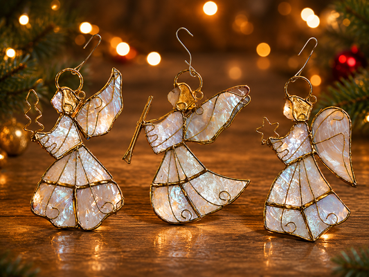 Vintage Capiz Shell Trumpet Angel Christmas Ornament