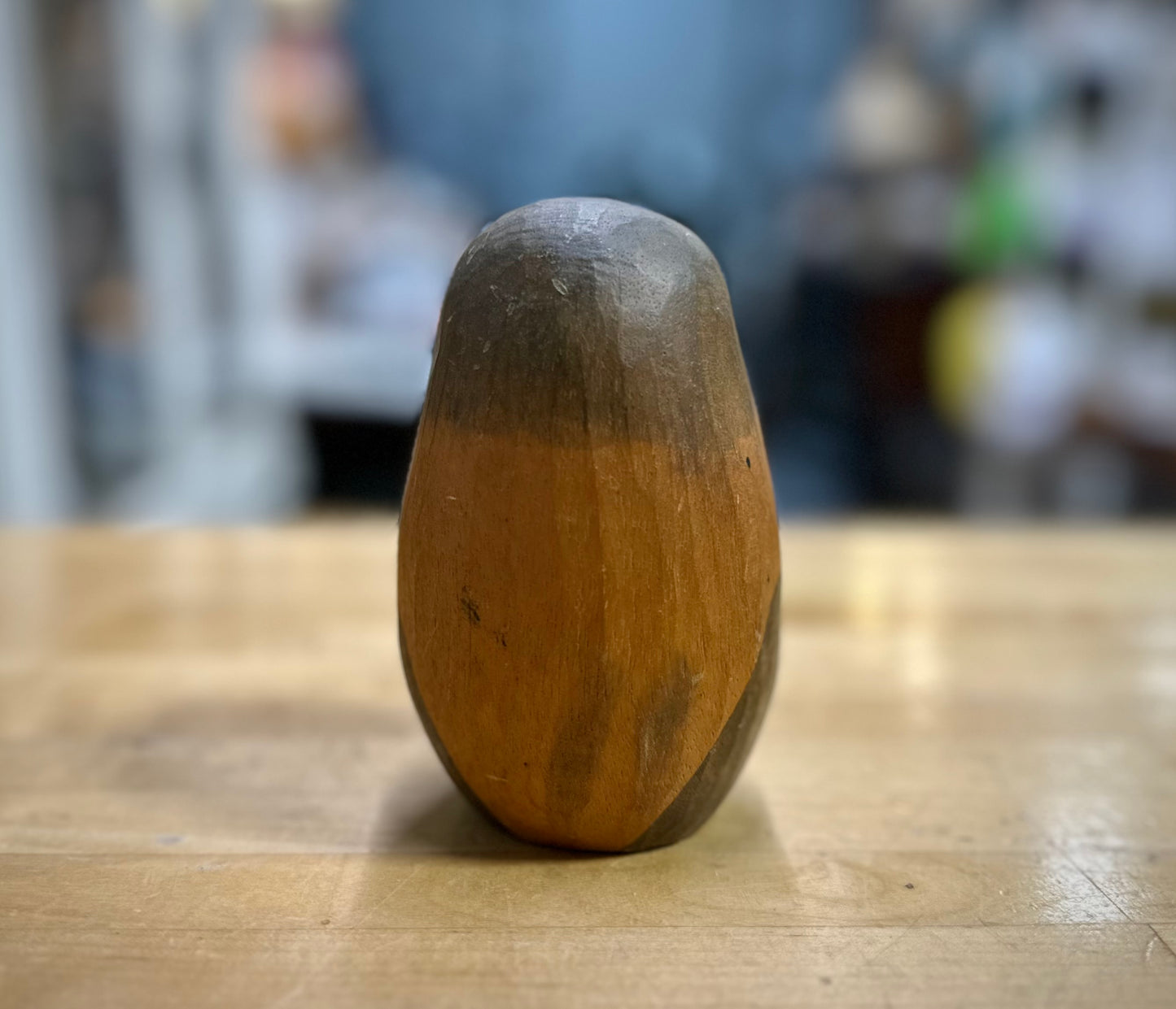 Back View Of Vintage Wooden Owl Figurine – rustic hand-carved owl collectible
