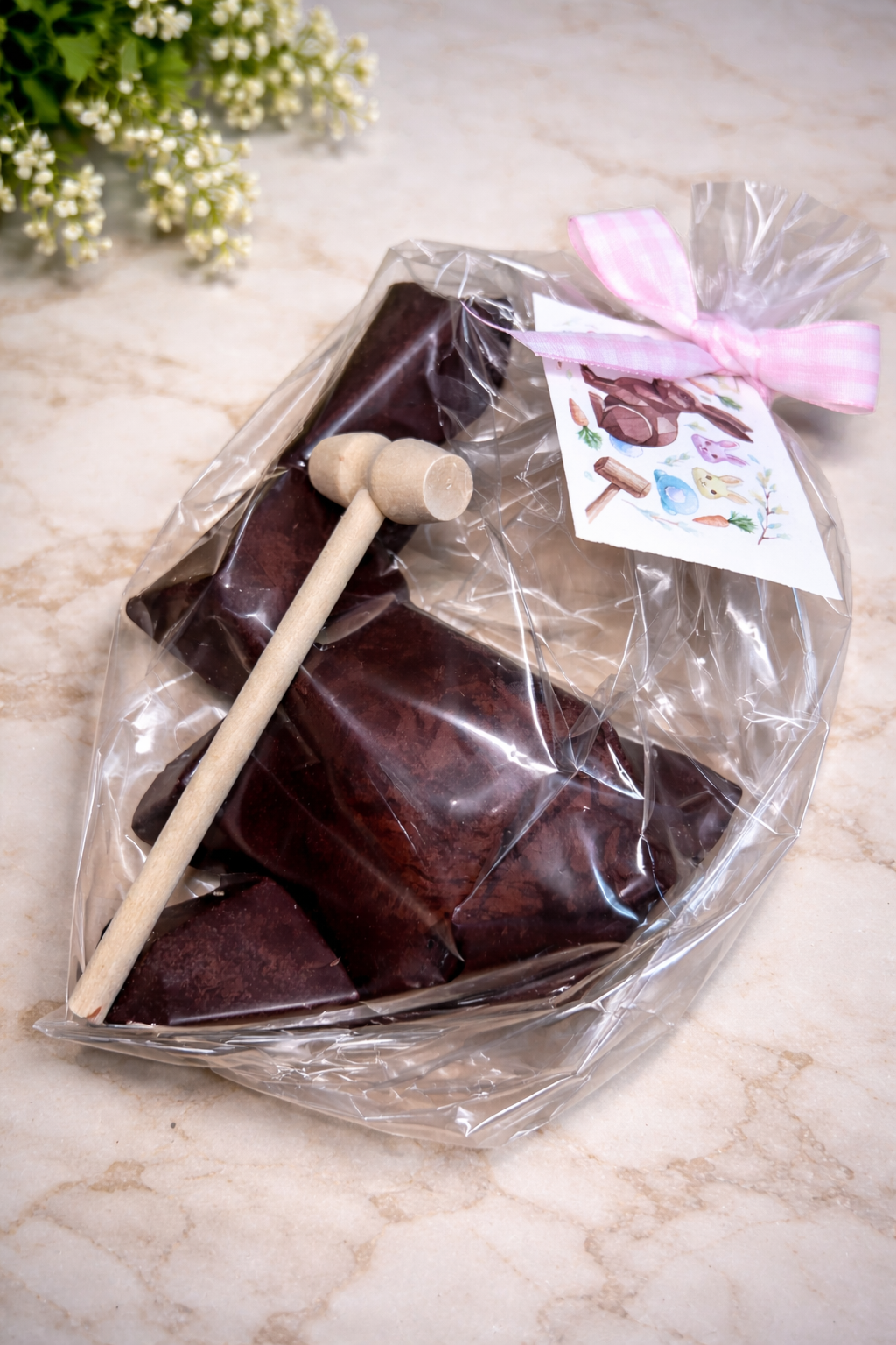 Chocolate Bunny  in a clear bag with a wooden mallet and a tag close up