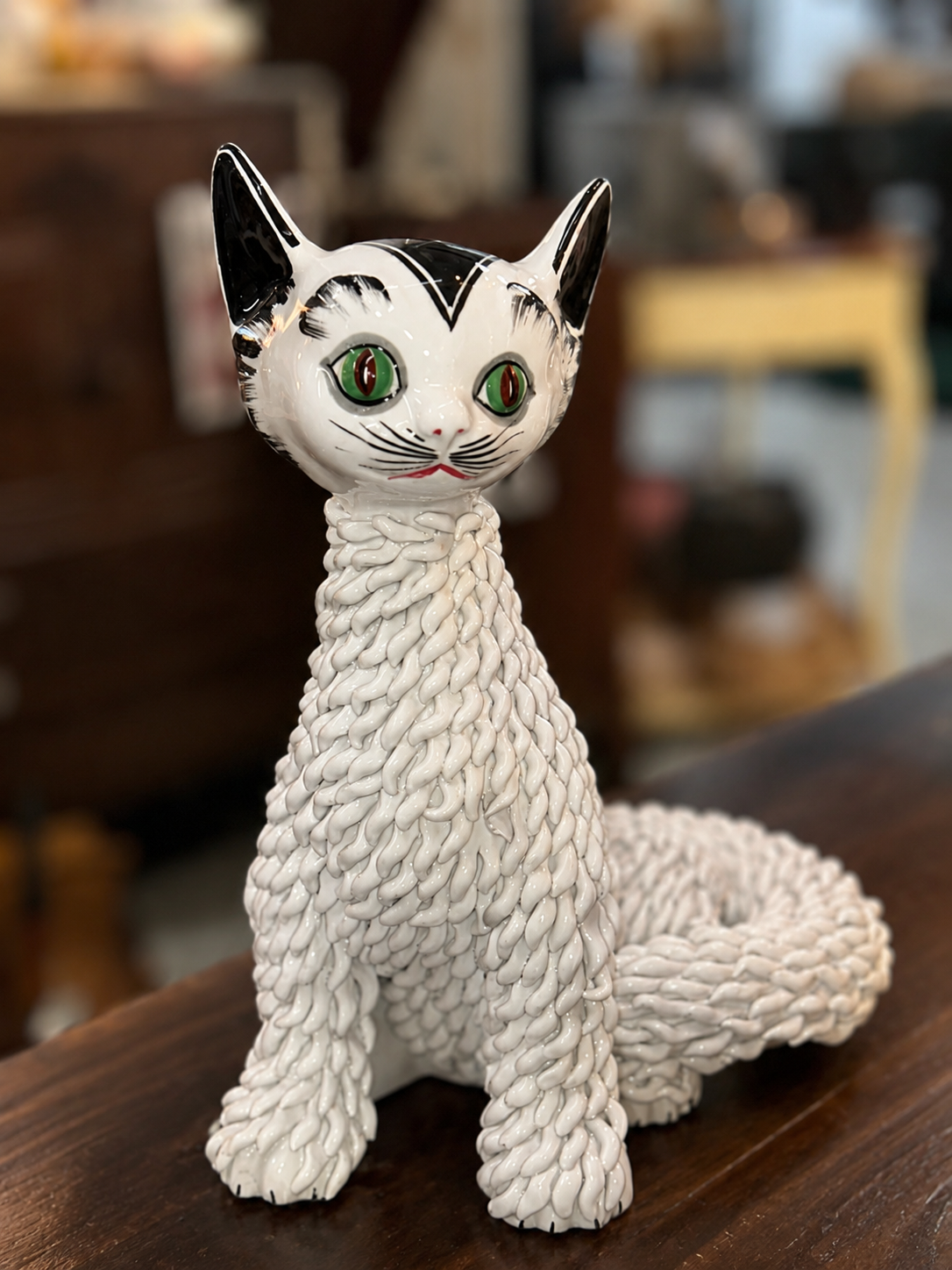 Mid Century Modern white ceramic cat sculpture with textured glaze