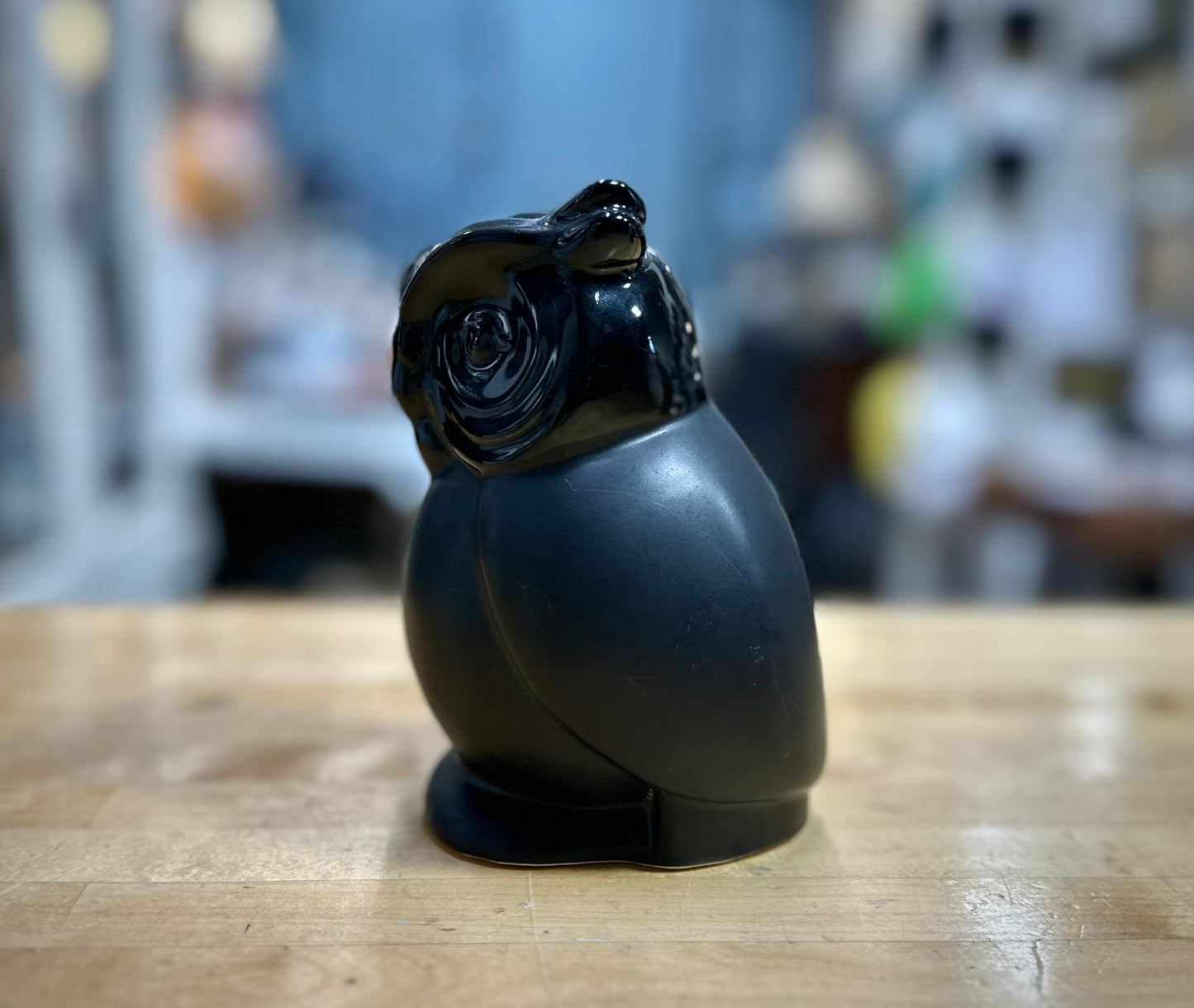 Side view of Black Owl Figurine – sleek classic vintage owl statue