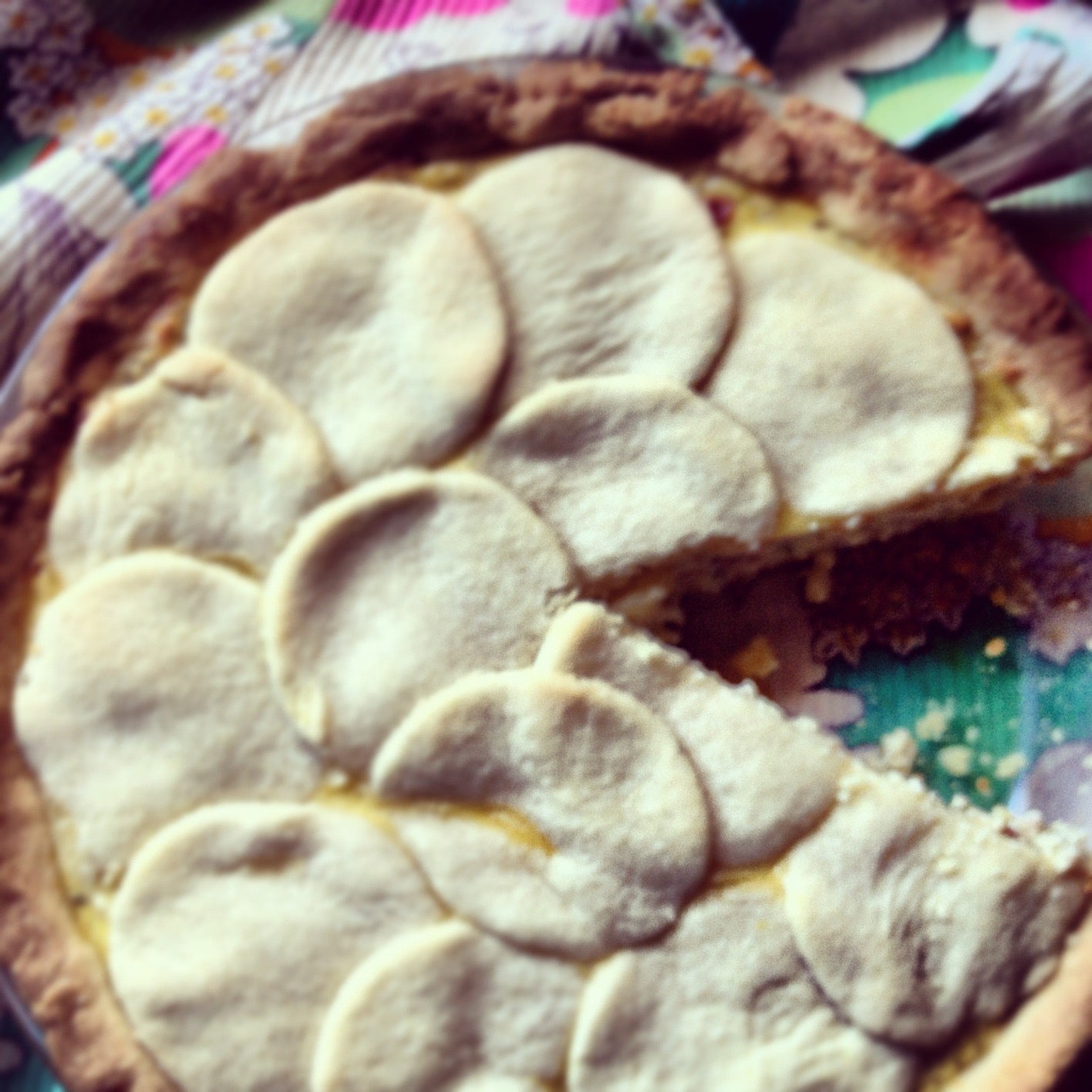 Close-up of Pizza Rustica Easter Pie showing cheesy filling