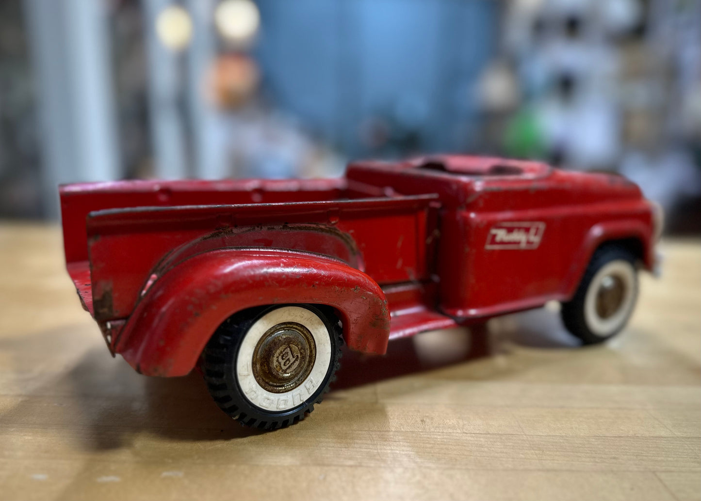 Close-up of metal body and authentic design on Buddy L Pickup Truck