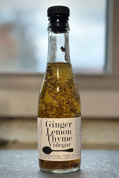Artisan ginger lemon thyme vinegar with fresh ginger and lemon peel - gourmet herbal vinegar