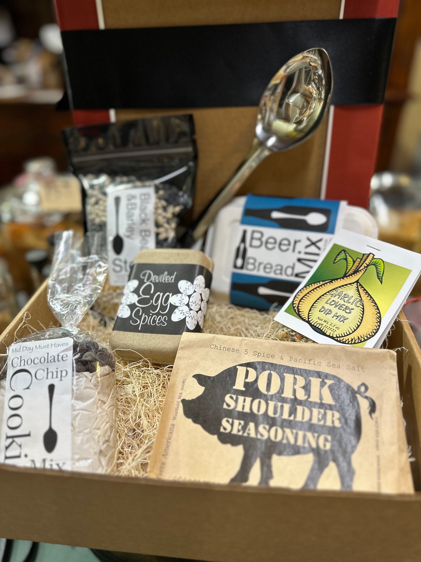 Game Day Favorites Gift Box - Black Bean Stew, Beer Bread, Dip, Deviled Eggs, Pork Shoulder Seasoning and Chocolate Chip Cookie Mix