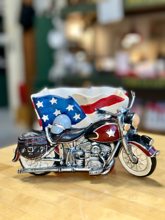 BURTON & BURTON Motorcycle With American Flag Design Flower Planter