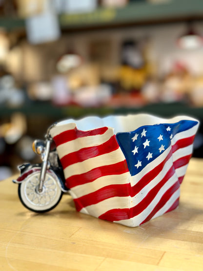 BURTON & BURTON Motorcycle With American Flag Design Flower Planter