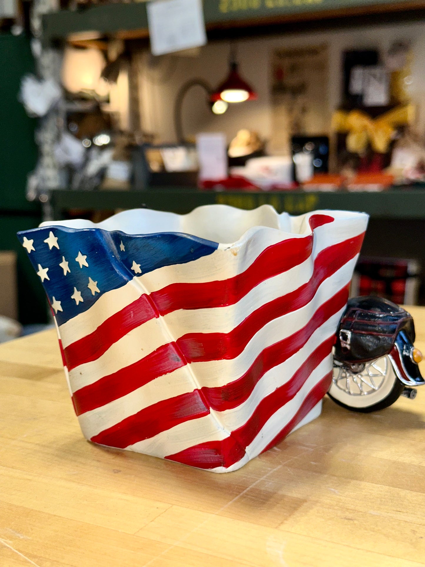 BURTON & BURTON Motorcycle With American Flag Design Flower Planter