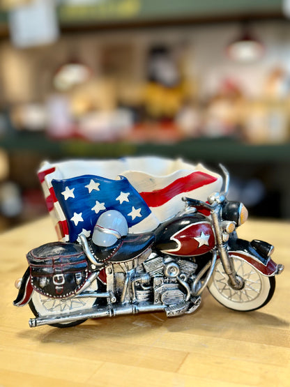 BURTON & BURTON Motorcycle With American Flag Design Flower Planter