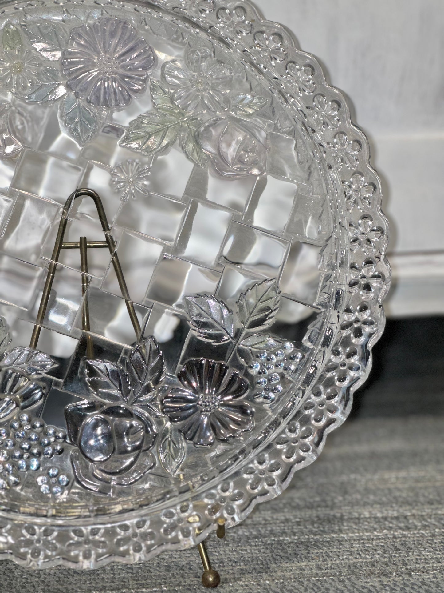 Vintage Crystal Serving Cake Plate With Pastel Flowers