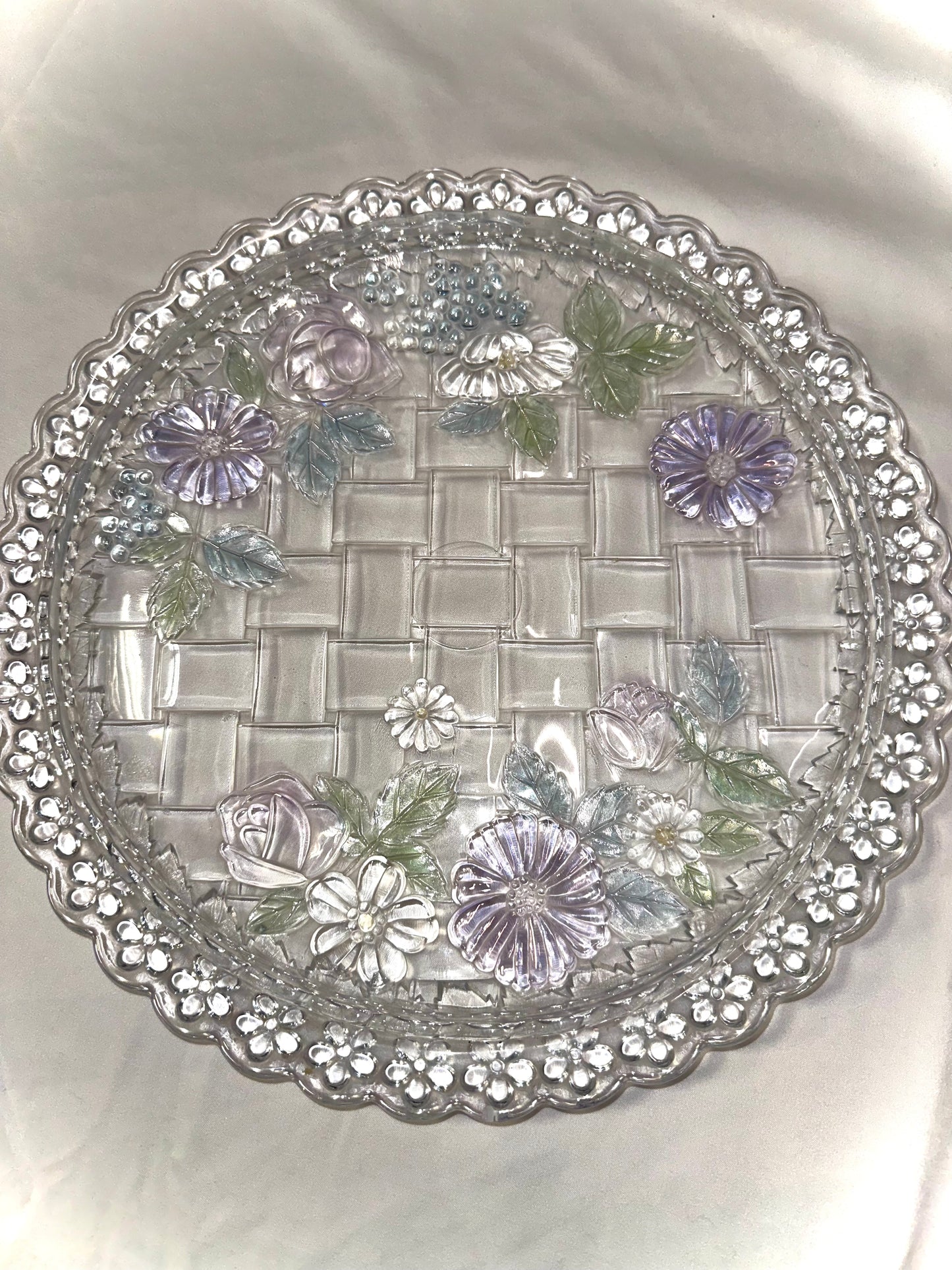 Vintage Crystal Serving Cake Plate With Pastel Flowers